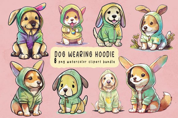 Cute Chibi Dog Wearing Hoodie Watercolor